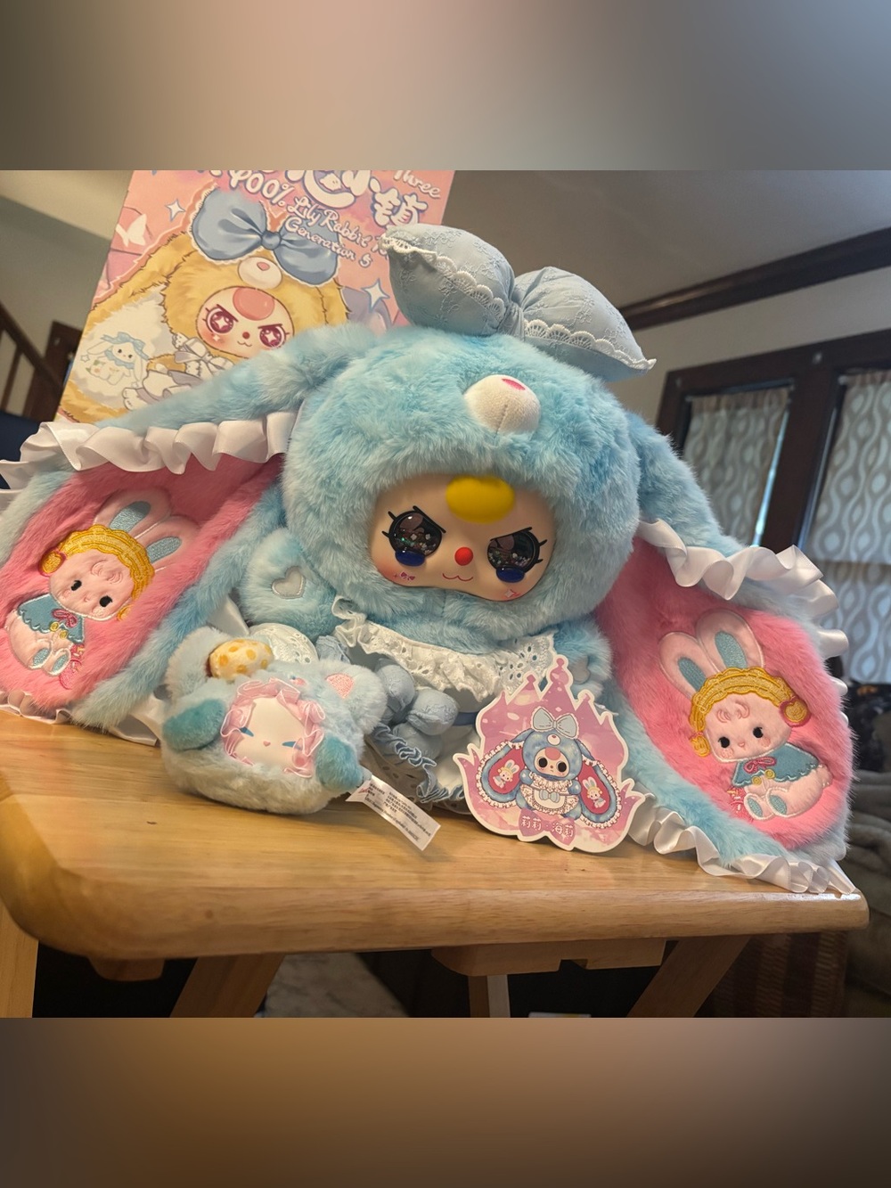Blue and Pink Plush Bunny Character Doll with Bow Hood